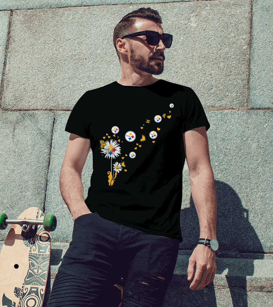 Dandelion With Pittsburgh Steelers Logo And Butterflies T-Shirt