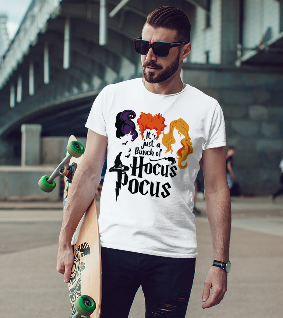 Hocus Pocus It's Just A Bunch Of Witch Hair Silhouettes With Hats And Bats T-Shirt