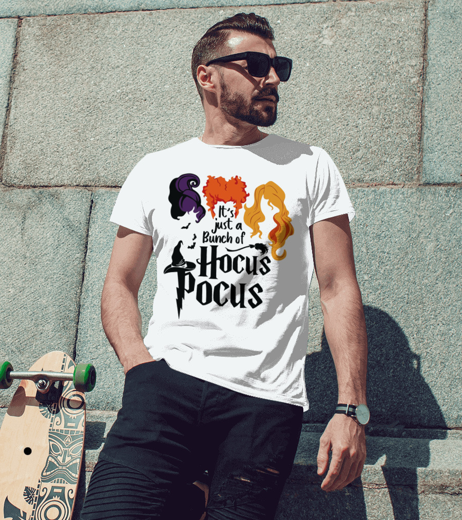 Hocus Pocus It's Just A Bunch Of Witch Hair Silhouettes With Hats And Bats T-Shirt
