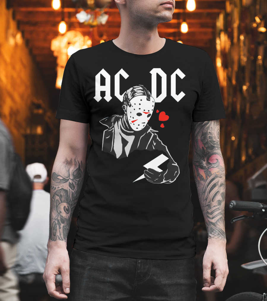 Acdc Jason Voorhees Mask Holding Lightning Bolt With Hearts T-Shirt