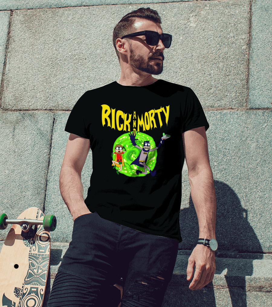Rick And Morty In Batman Costumes With Portal Gun And Swirling Green Portal T-Shirt
