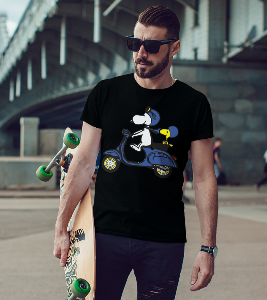 Snoopy And Woodstock Riding Blue Vespa With Helmets T-Shirt