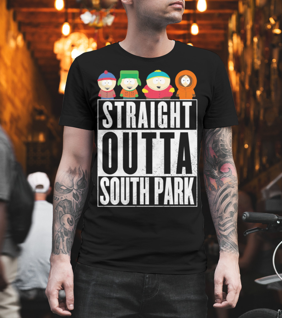 Straight Outta South Park with Iconic Characters Cartman Kyle Stan and Kenny T-Shirt