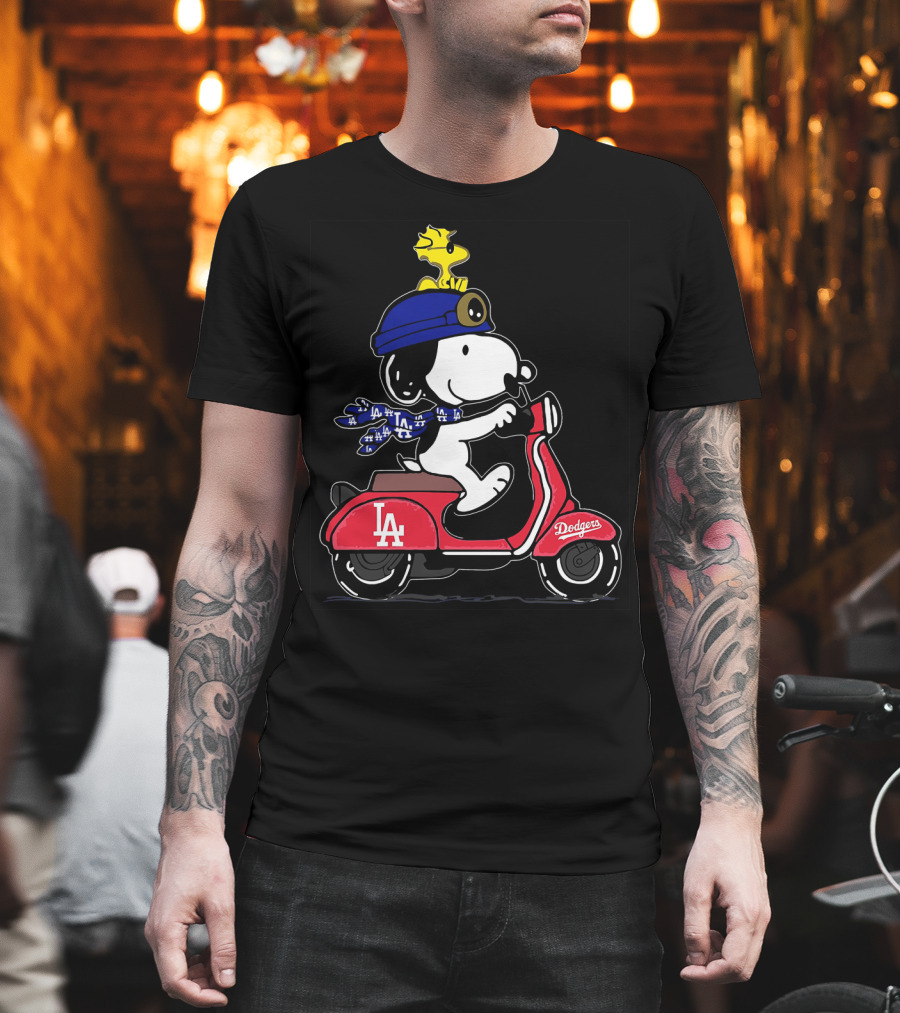 Snoopy Riding Vespa Los Angeles Dodgers Mascot with Woodstock T-Shirt