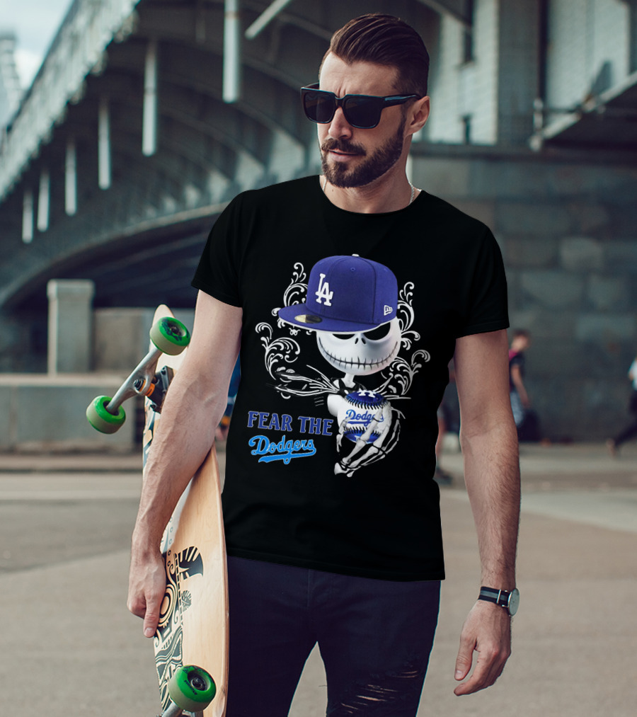 Fear The Dodgers Jack Skellington LA Dodgers Hat Baseball Scene T-Shirt