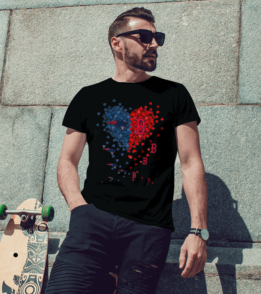 I Love New England Patriots Hearts Boston Red Sox Hearts T-Shirt