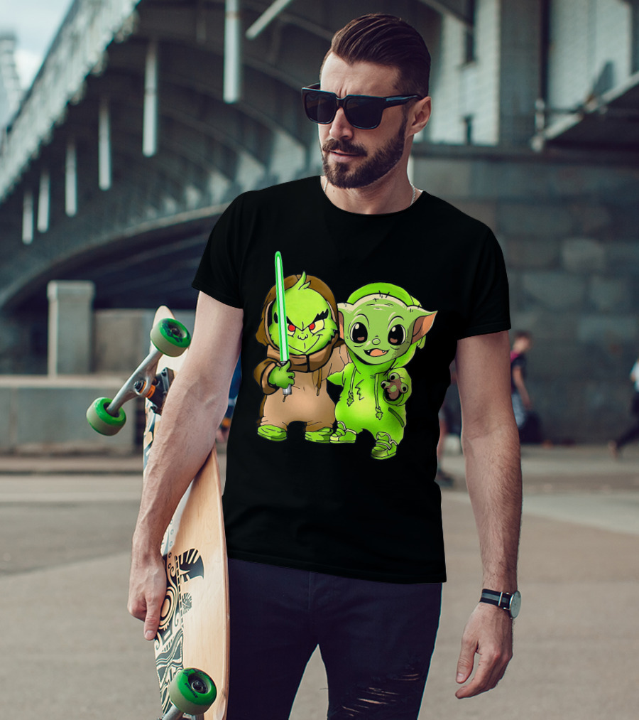 Baby Yoda And Baby Grinch Lightsaber Duo T-Shirt