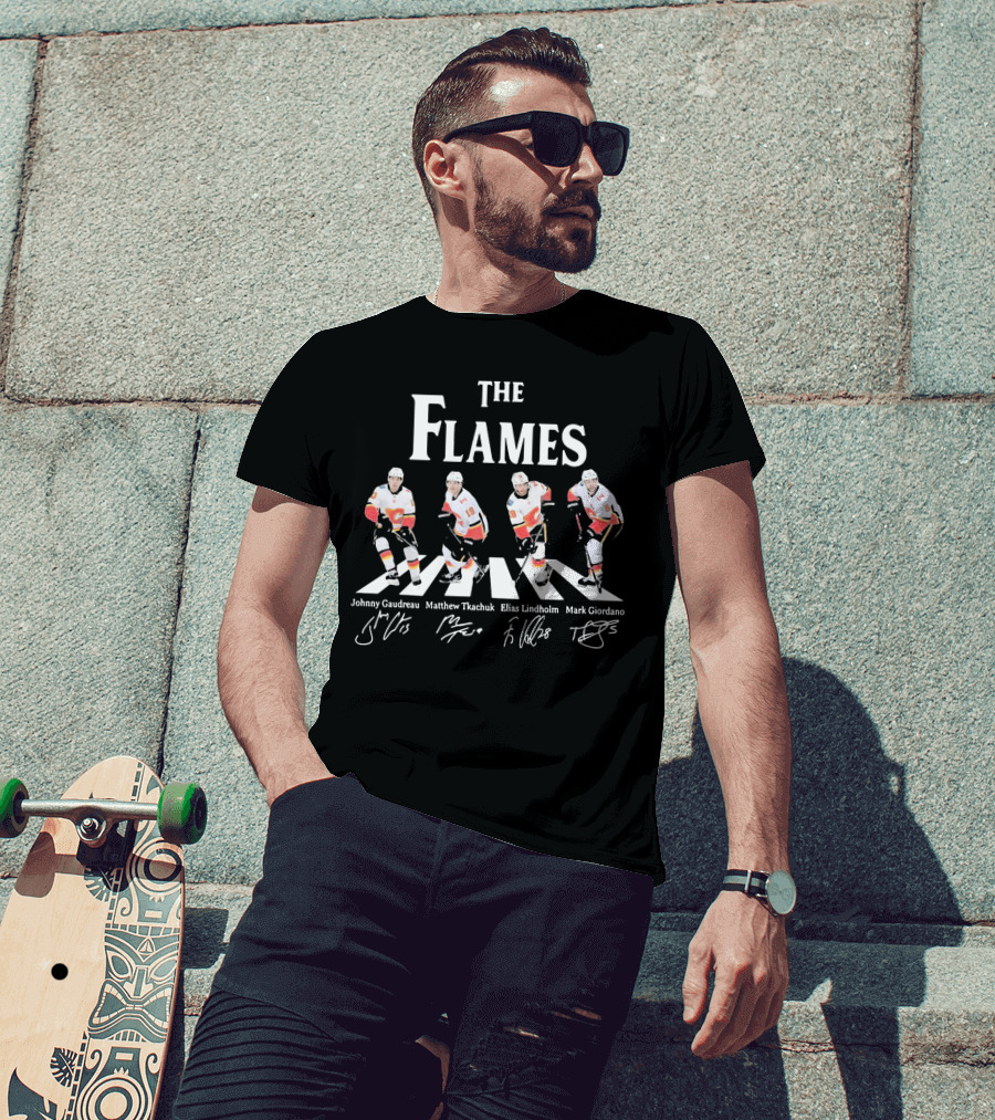 The Flames Johnny Gaudreau Matthew Tkachuk Elias Lindholm Mark Giordano Hockey Players Abbey Road T-Shirt