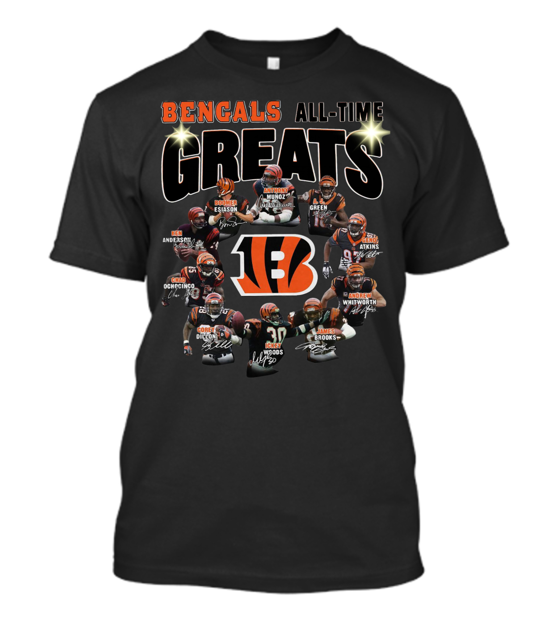 Bengals All-Time Greats Boomer Esiason Anthony Munoz A.j. Green Ken Anderson Chad Ochocinco Geno Atkins Corey Dillon Andrew Whitworth Ickey Woods James Brooks T-Shirt