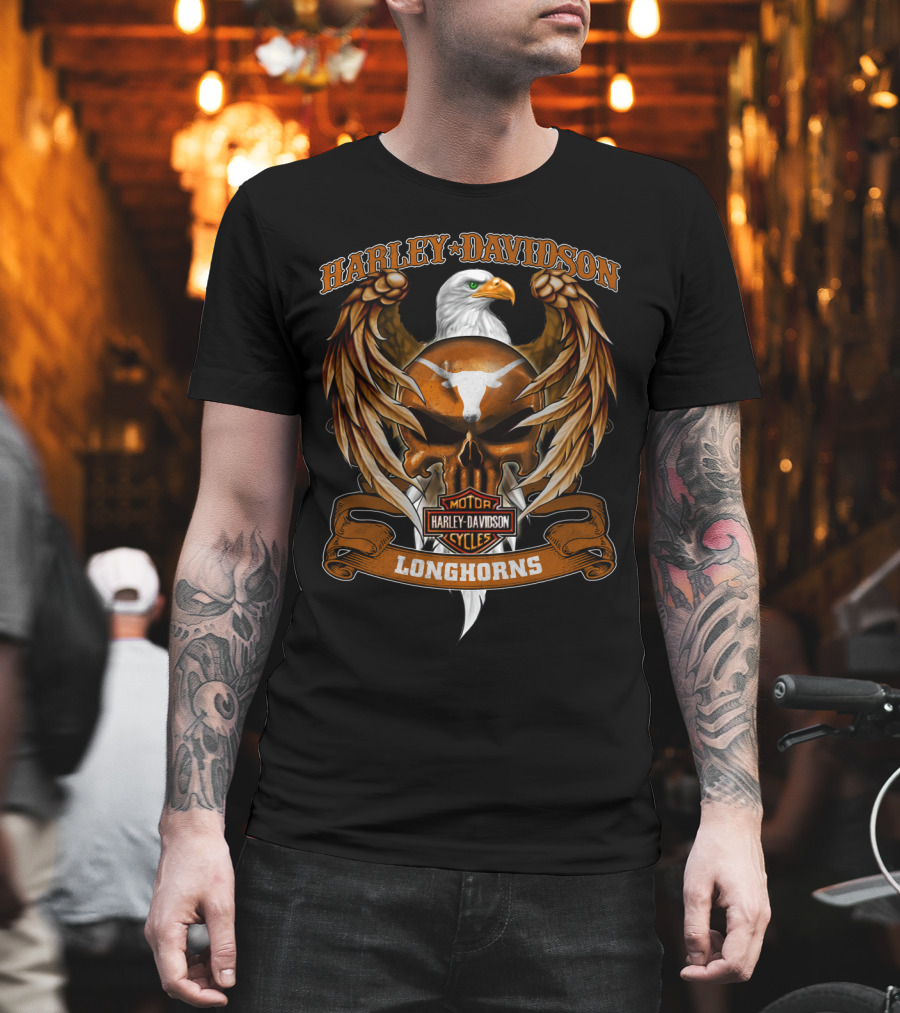 Harley Davidson Longhorns Texas Ncaa Motorcycle Eagle Skull T-Shirt