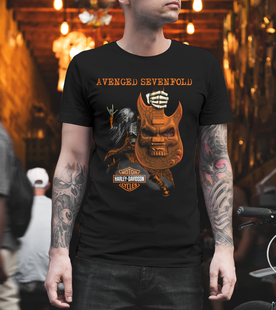 Avenged Sevenfold Harley Davidson Skeleton Guitar Imagery With Hand Sign T-Shirt