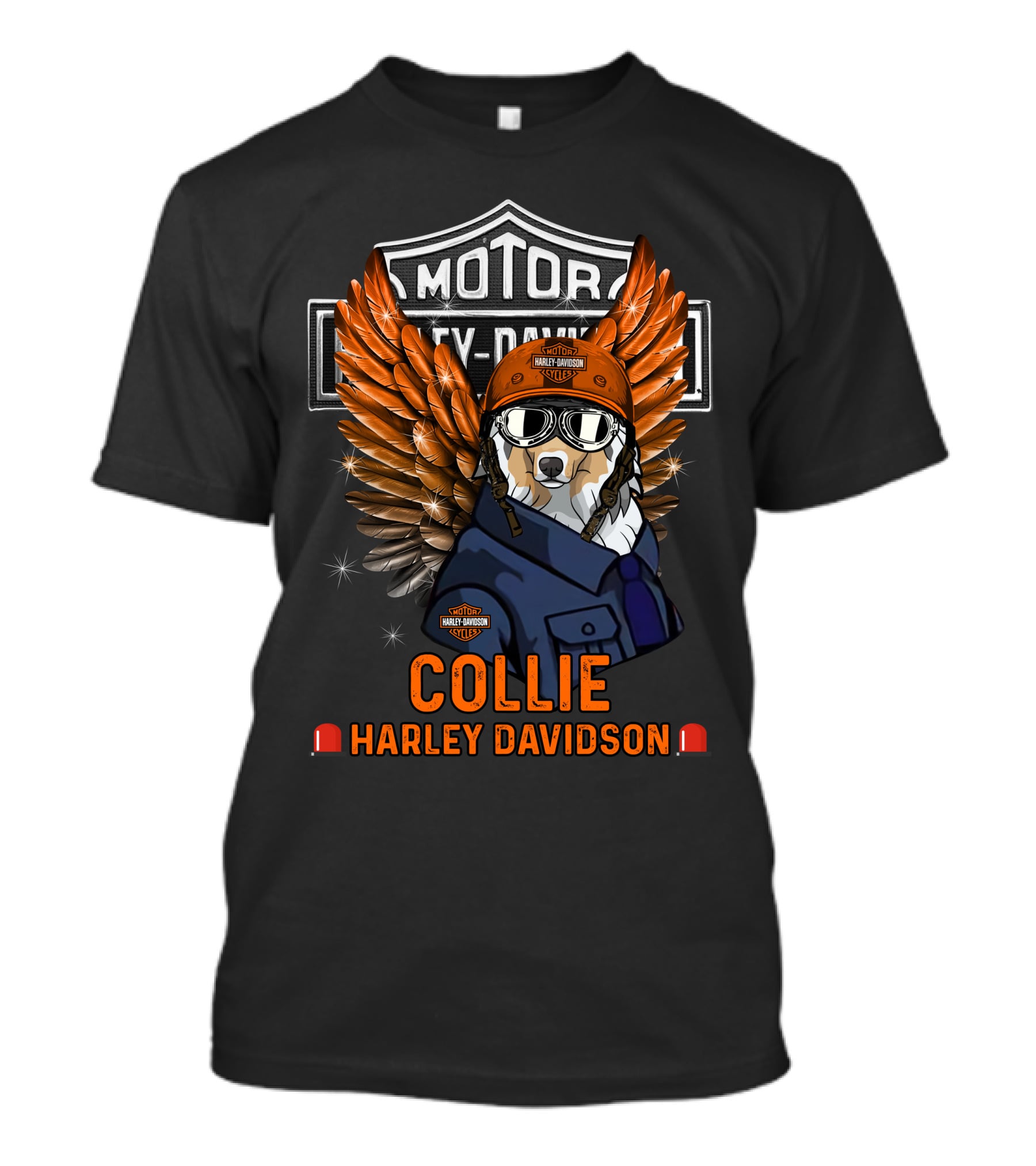 Collie Harley Davidson Wings Motocycle Motor Hd Orange Helmet Dog T-Shirt