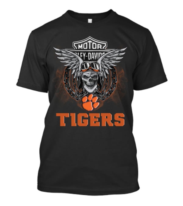 Tigers Hd Clemson Tigers Ncaa Football Fans Harley Davidson Skull Wings Chain T-Shirt