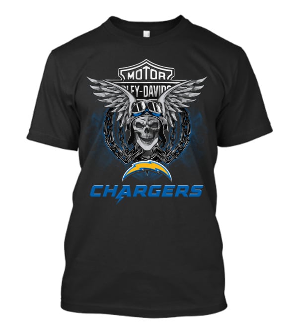 Hd Los Angeles Chargers Nfl Football Fans Harley Davidson Skull Wings T-Shirt