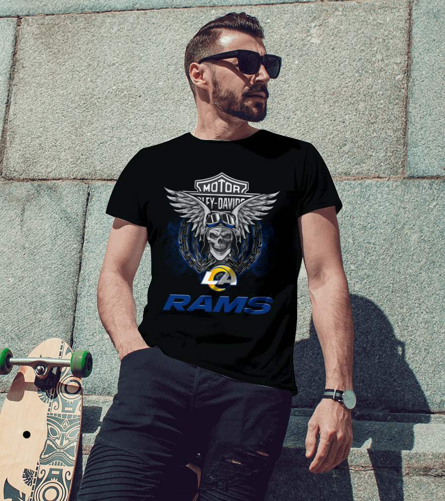 Motor Harley Davidson La Rams Nfl Football Fans Skull Wings T-Shirt
