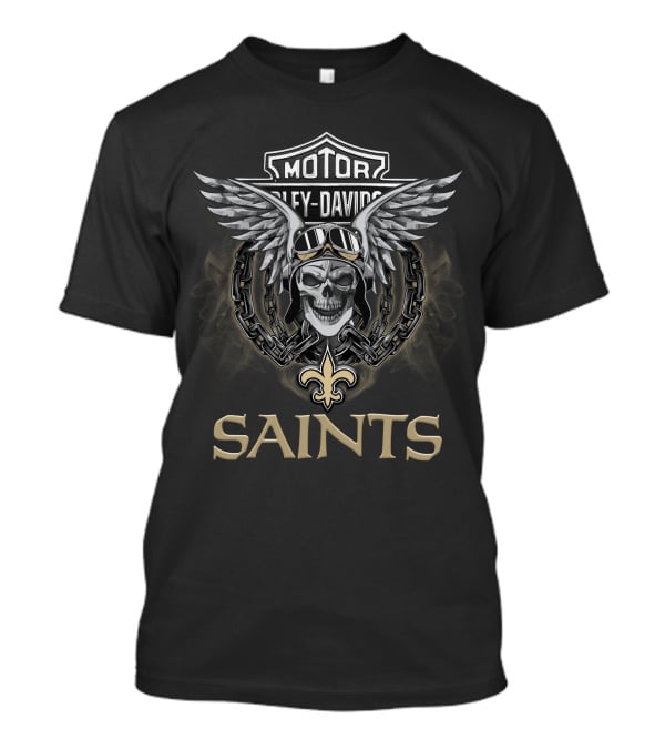 New Orleans Saints Harley Davidson Themed Skull With Wings And Goggles T-Shirt