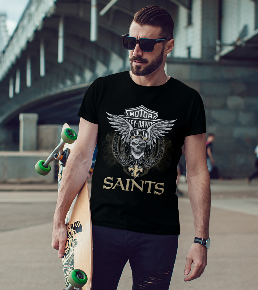 New Orleans Saints Harley Davidson Themed Skull With Wings And Goggles T-Shirt