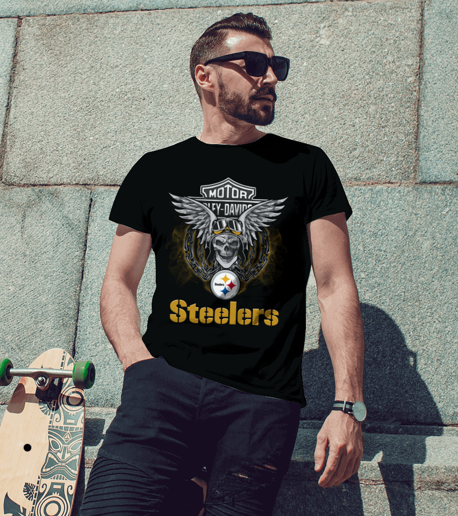 Harley Davidson Skull With Wings Steelers Logo For Nfl Football Fans T-Shirt
