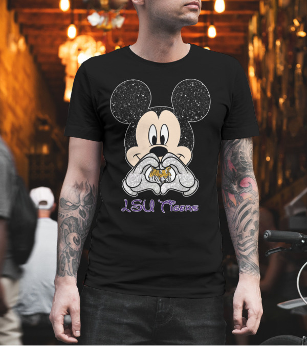 LSU Tigers Mickey Heart Glitter Fan T-Shirt LSU Tigers Mickey Heart Glitter Fan T-Shirt