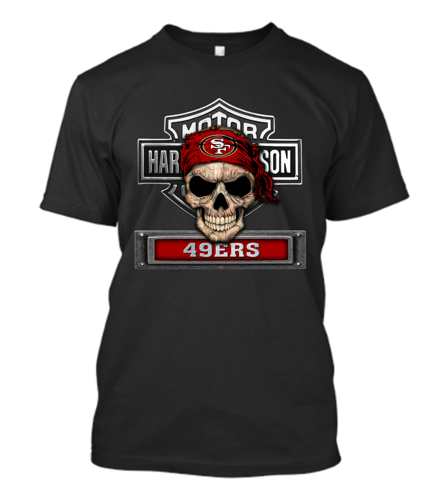 Hd Nfl San Francisco 49ers Skull Bandana Graphic With Harley Davidson Shield T-Shirt