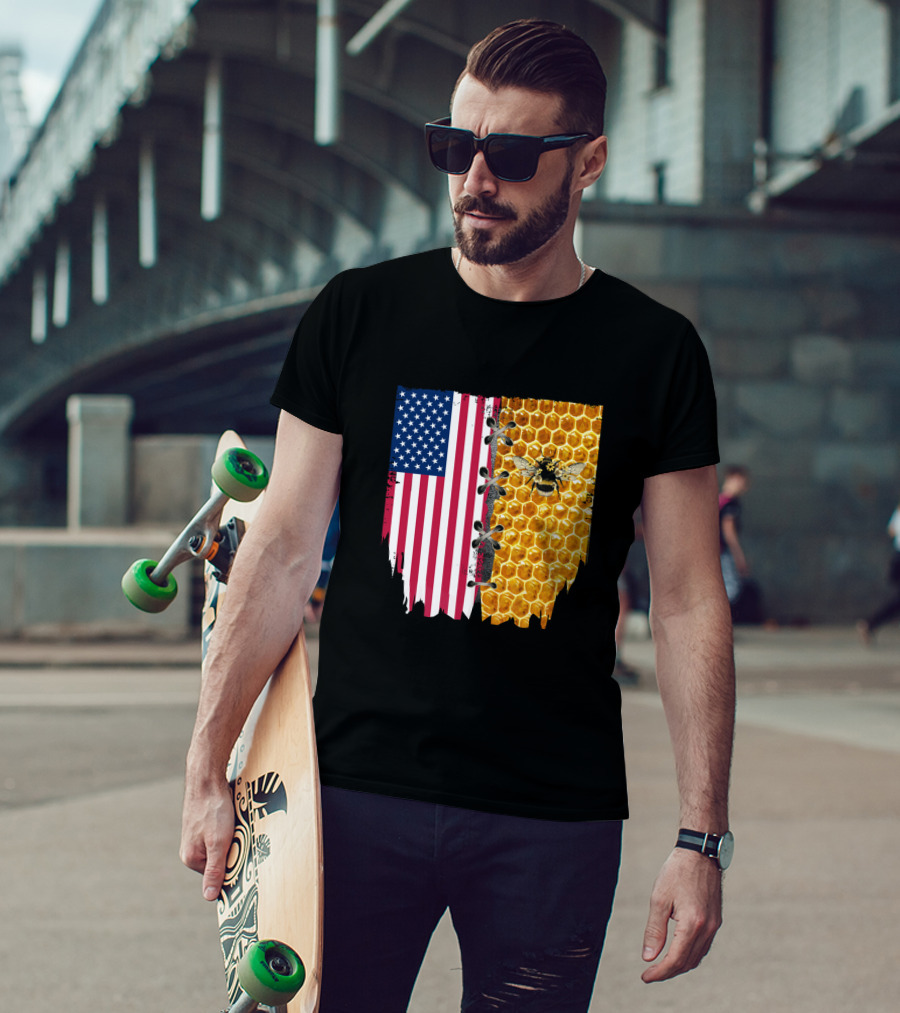 Bee And American Flag Honeycomb Fusion T-Shirt