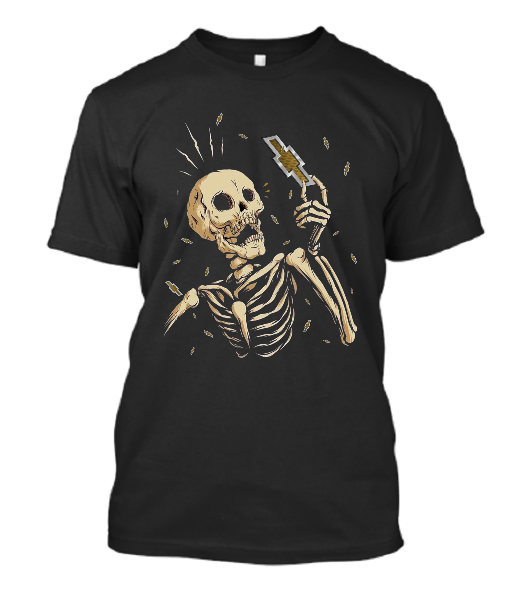 Skull Holding Chevy Emblem With Lightning Motif T-Shirt