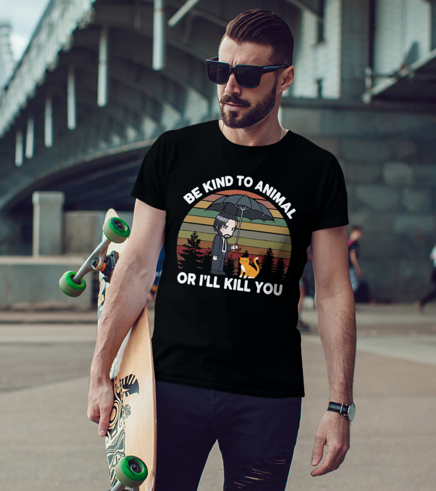 Be Kind To Animal Or I'll Kill You John Wick Parody Cat And Umbrella Chibi T-Shirt