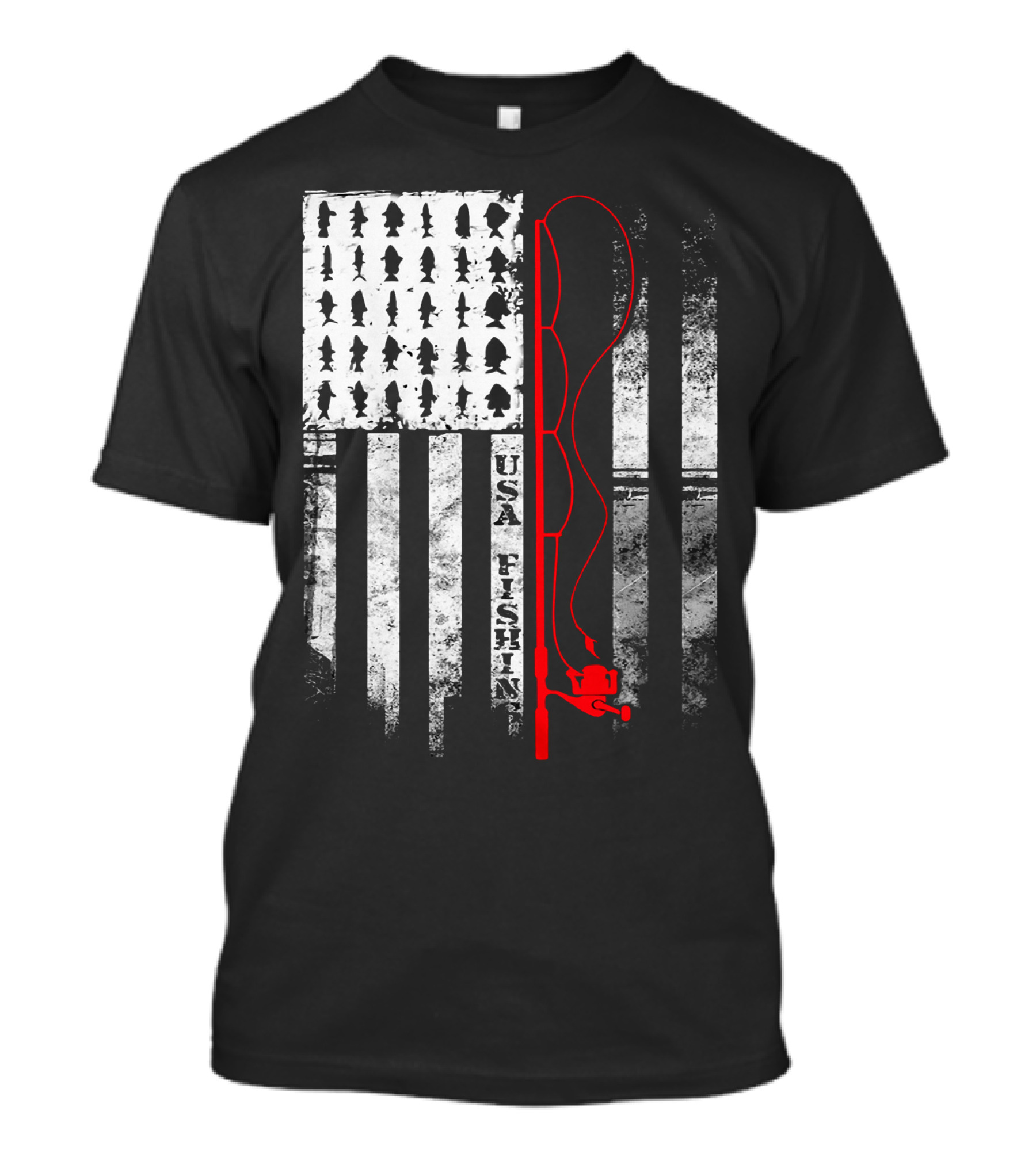 USA Fishing Flag Red Fishing Rod T-Shirt