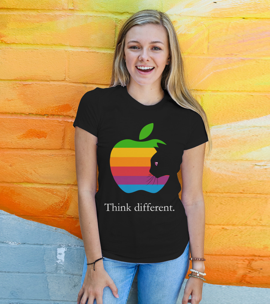 Think Different Apple Logo Rainbow Cat Face T-Shirt