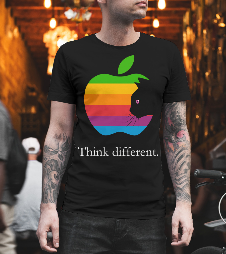 Think Different Apple Logo Rainbow Cat Face T-Shirt