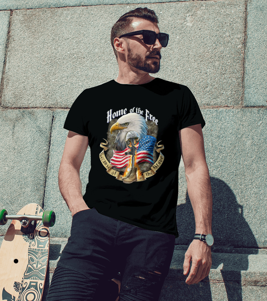 Home Of The Free Because Of The Brave American Eagle Soldier Helmet Flag T-Shirt