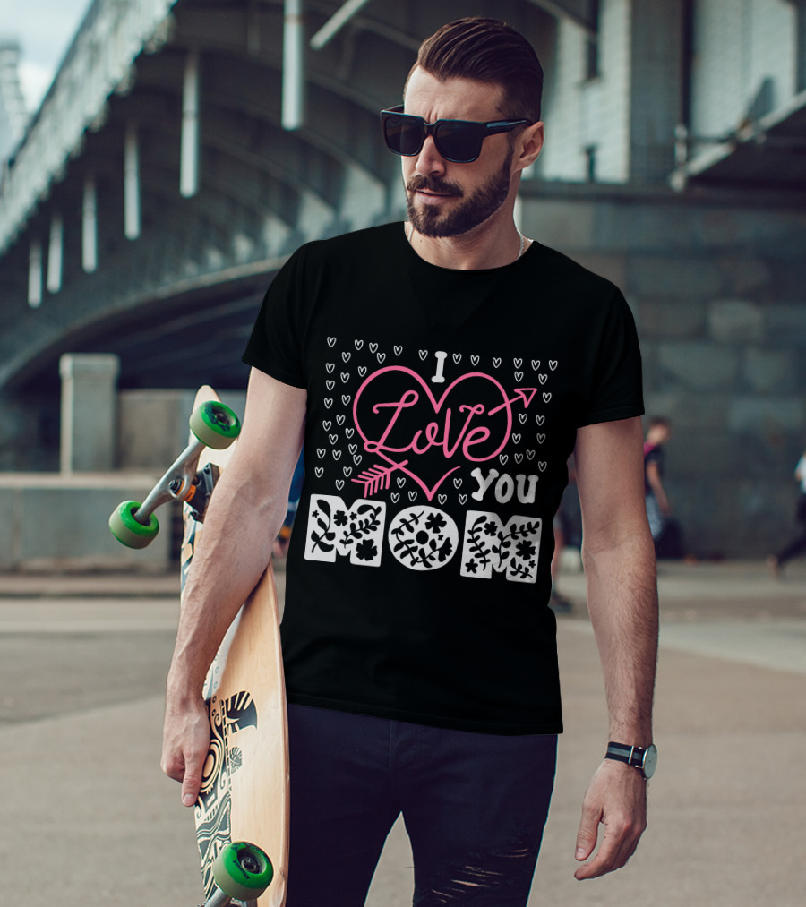 I Love You Mom Floral Heart Arrow T-Shirt