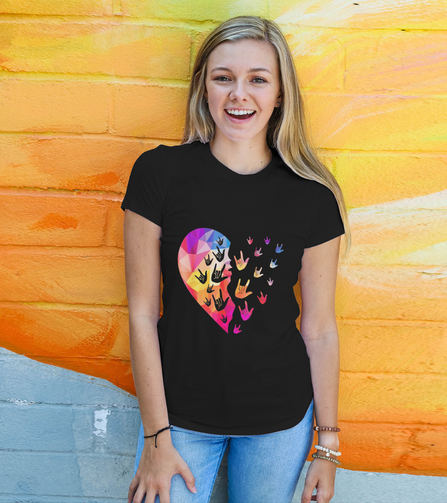 Broken Geometric Heart With Colorful Sign Language Hands T-Shirt