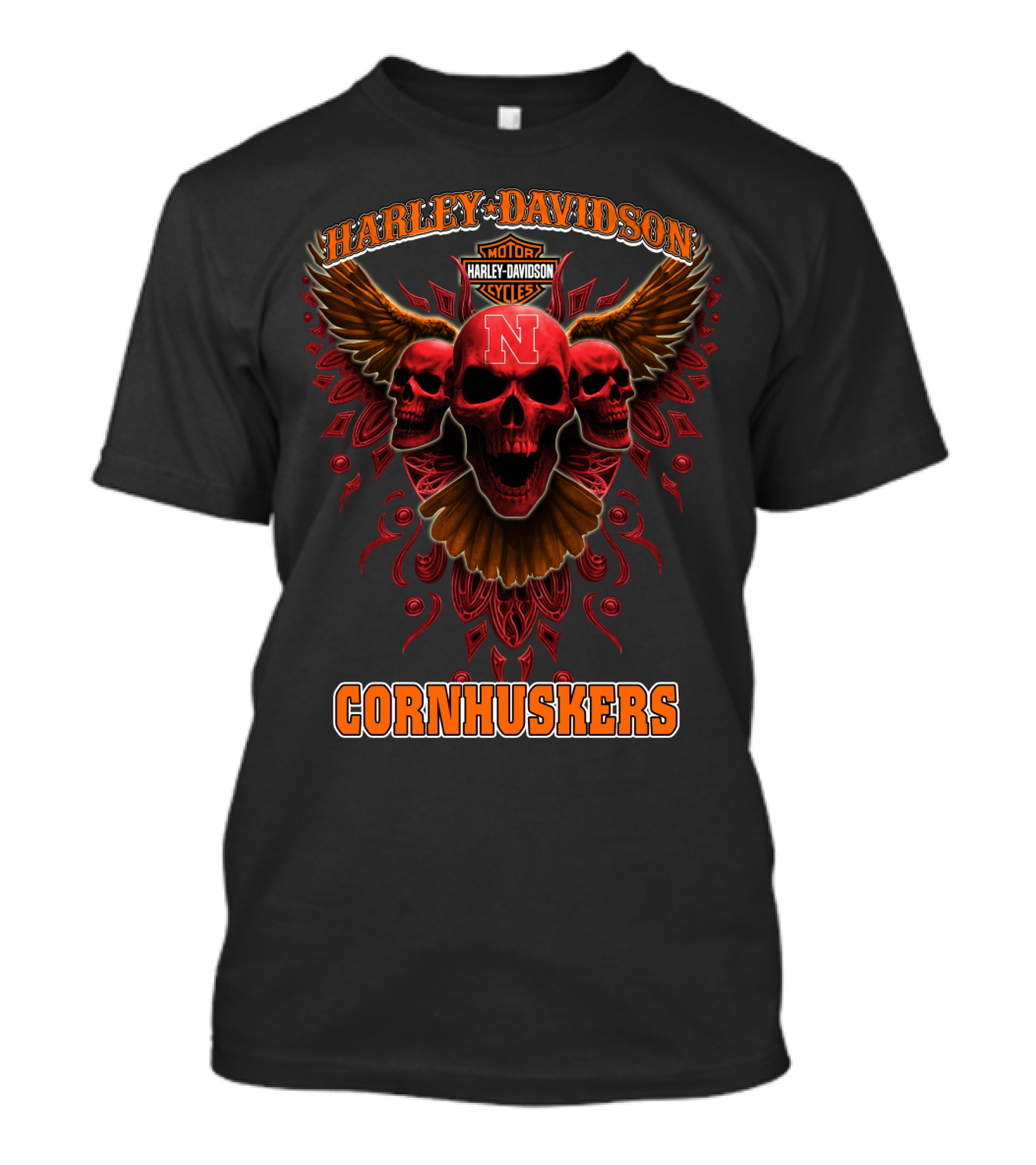 Harley Davidson Motor Cornhuskers Nebraska Skulls Ncaa T-Shirt