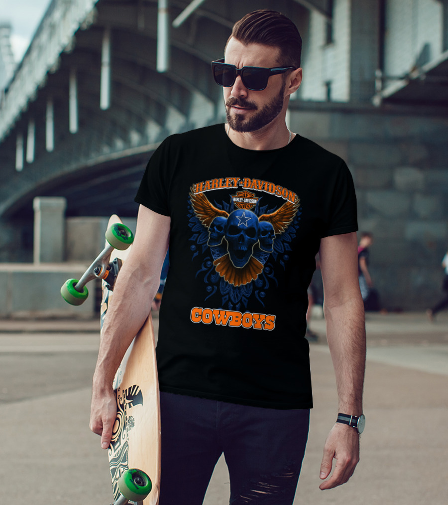 Harley Davidson Cowboys Motor Cycles Star Skull Wings T-Shirt