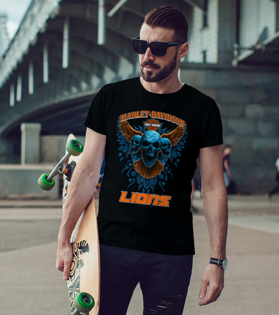 Harley Davidson Motor Cycles Detroit Lions Skulls Wings T-Shirt