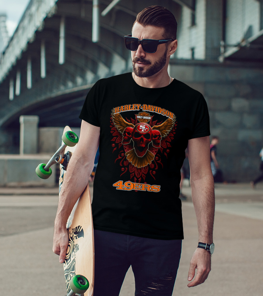Harley Davidson Motor Cycles Sf 49ers Skulls Wings T-Shirt
