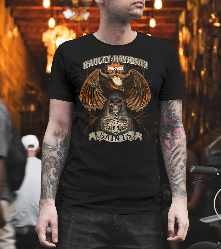 Harley Davidson Motorcycles Eagle Skull Saints Fleur-De-Lis T-Shirt