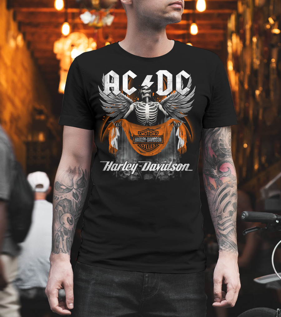 Acdc Harley Davidson Motorcycles Skeleton Wings T-Shirt