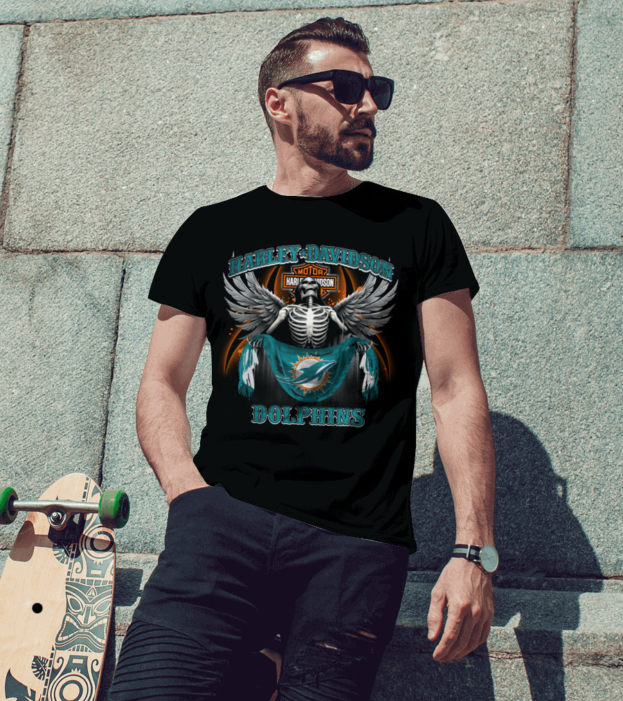 Harley Davidson Miami Dolphins Skeleton Wings T-Shirt