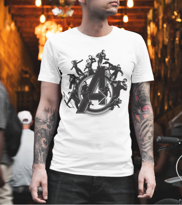 Marvel Avengers Endgame Flying Heroes Emblem with Iconic Characters T-Shirt Marvel Avengers Endgame Flying Heroes Emblem with Iconic Characters T-Shirt