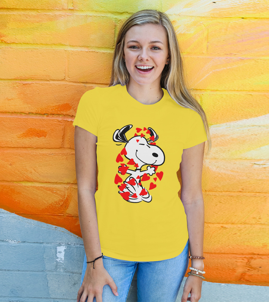 Snoopy Surrounded By Red Hearts Hugging Blissfully T-Shirt