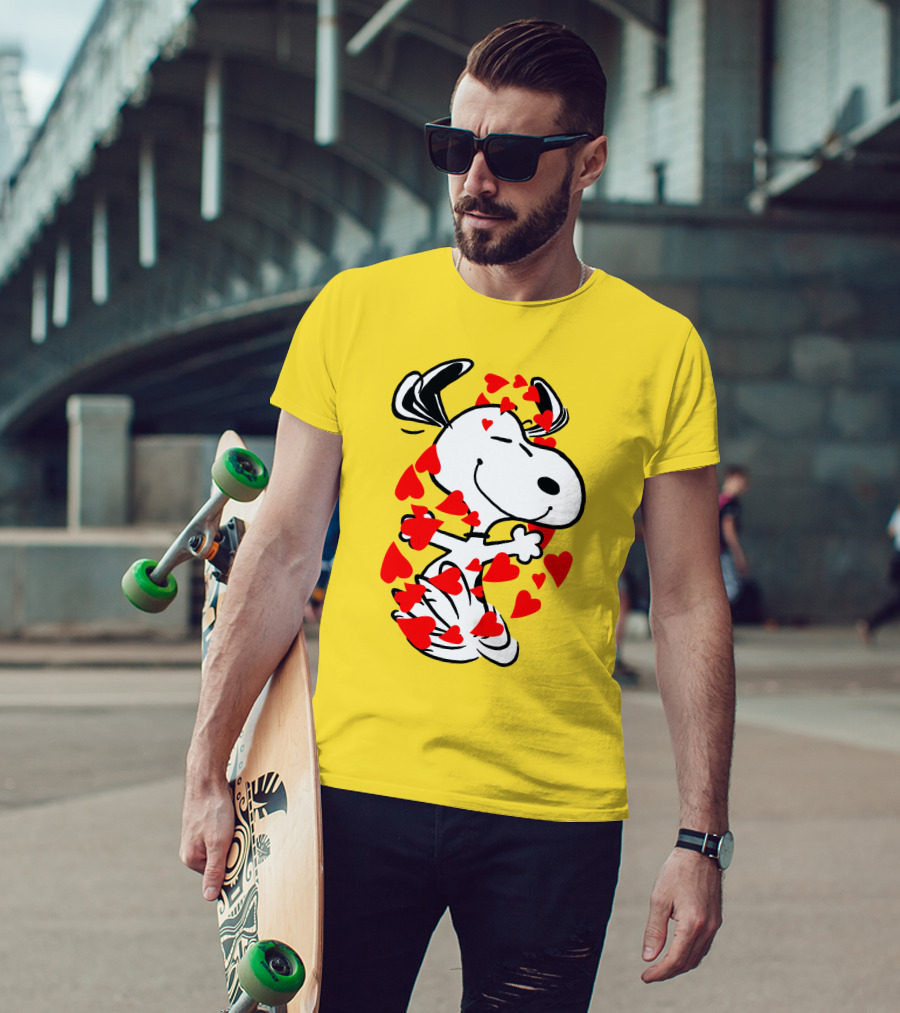 Snoopy Surrounded By Red Hearts Hugging Blissfully T-Shirt