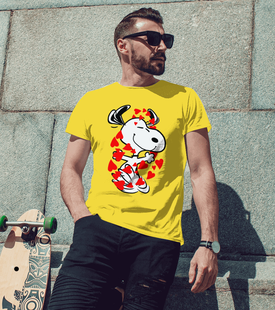 Snoopy Surrounded By Red Hearts Hugging Blissfully T-Shirt