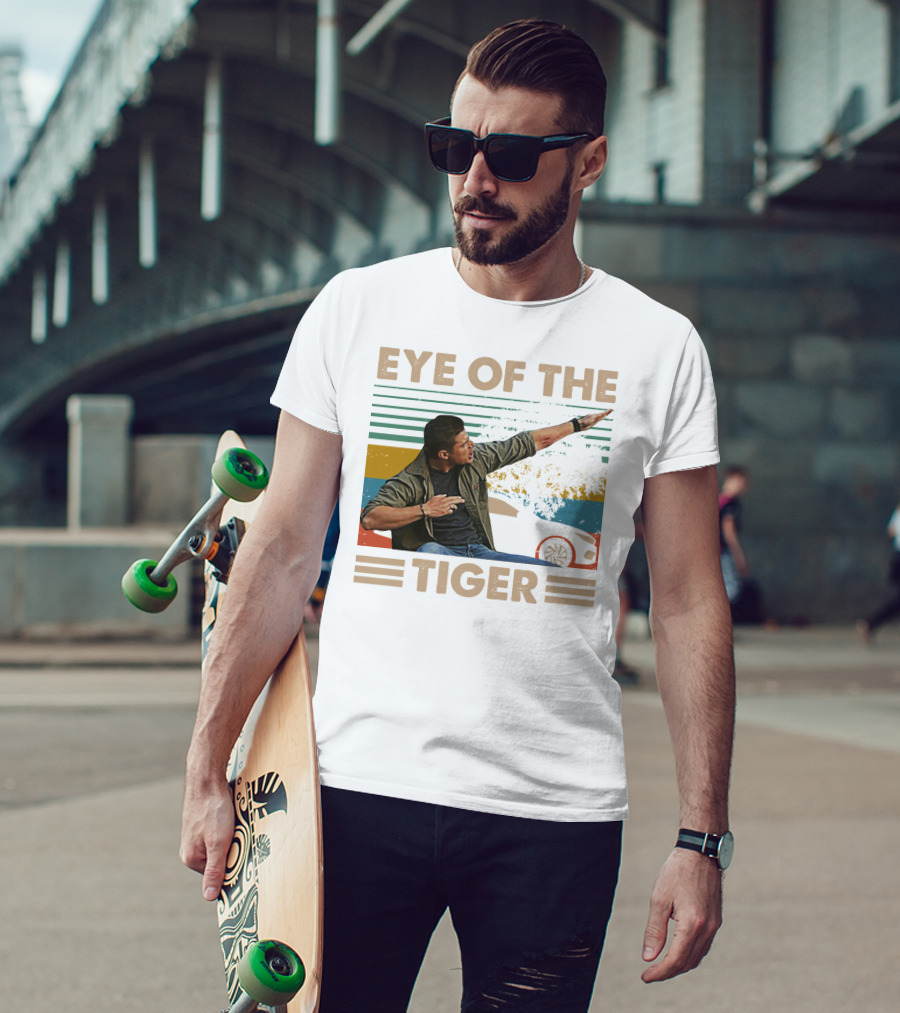 EYE OF THE TIGER Retro Action Pose With Car And Stripes T-Shirt