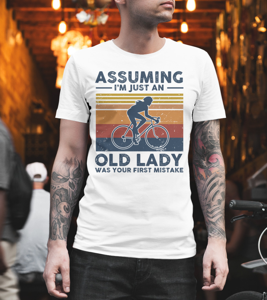 Assuming I'm Just an Old Lady Was Your First Mistake Biking Silhouette Retro Stripes T-Shirt