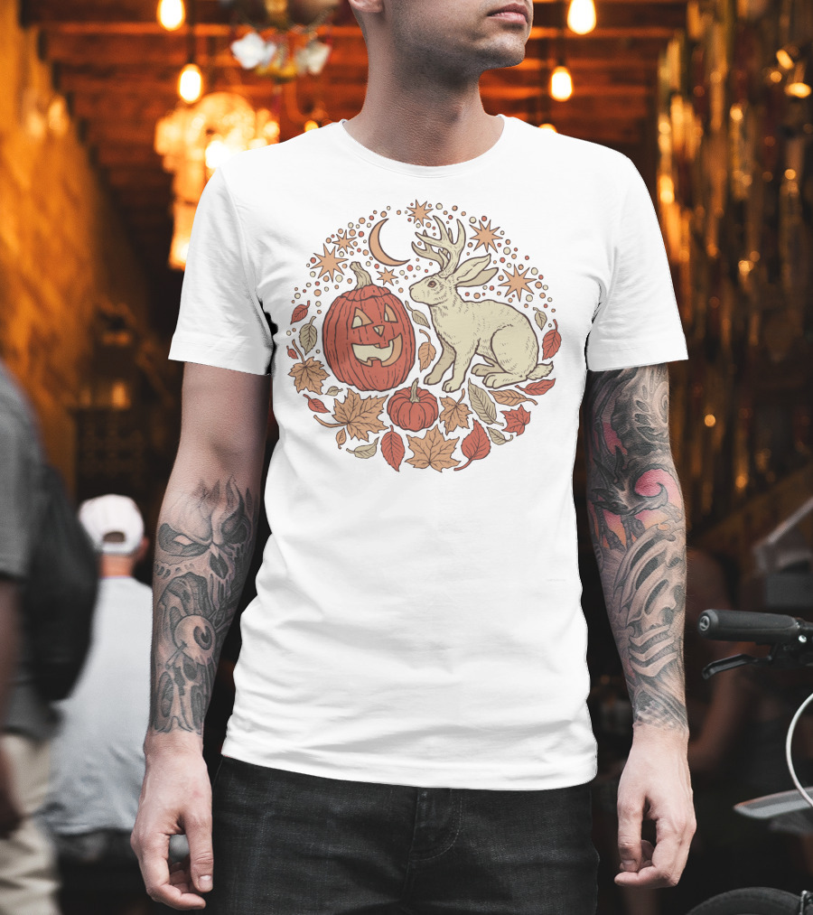 Halloween Friends Autumn Palette Jackalope Pumpkin Moon Stars Leaves T-Shirt