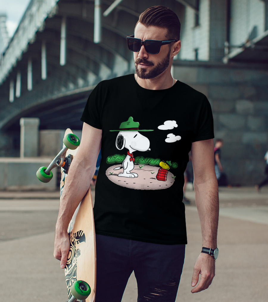 Snoopy Woodstock Camping Adventure With Green Hats And Red Scarf T-Shirt