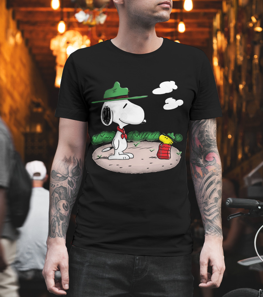 Snoopy Woodstock Camping Adventure with Green Hats and Red Scarf T-Shirt