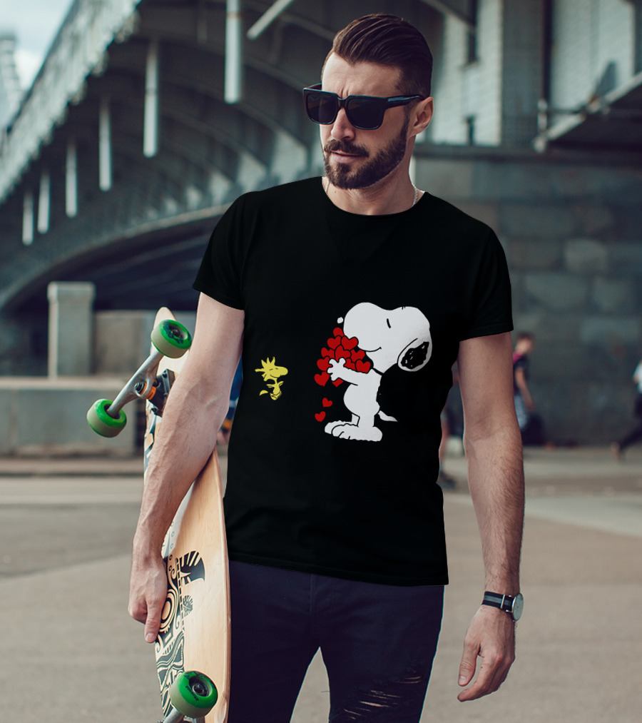 Snoopy Holding Hearts With Woodstock Hugging T-Shirt